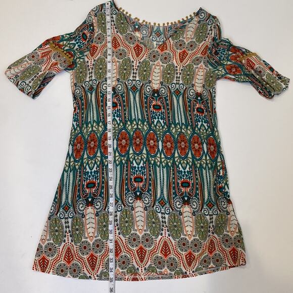 Boutique Unbranded Boho Midi Tunic Shift Dress EUC Sz M Retro Print V-Neck - Picture 9 of 10